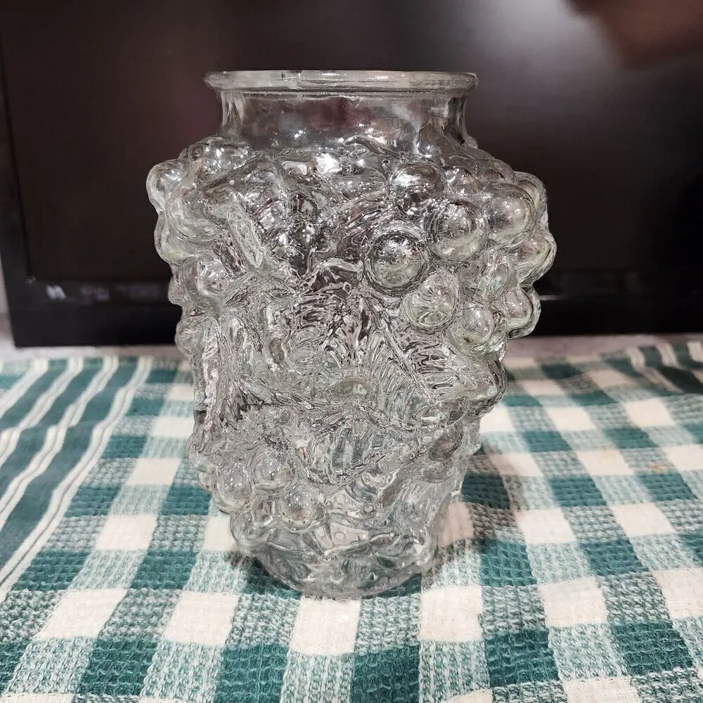 Antique Goofus Glass Raised Grapes Embossed Pressed Vase 7.5 Inch EAPG